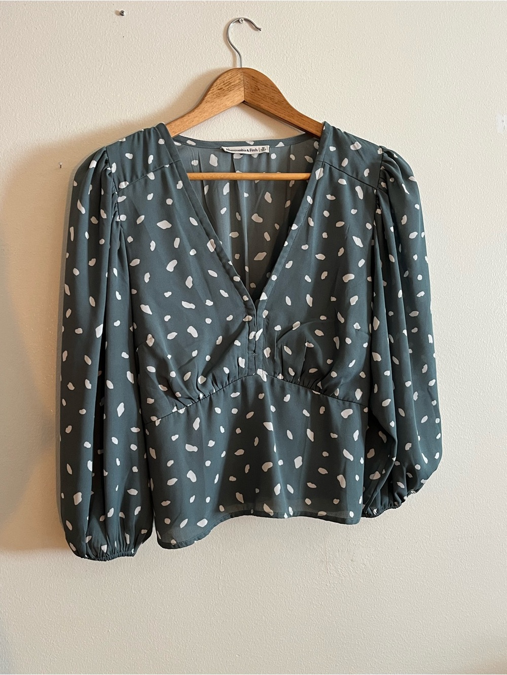 Abercrombie & Fitch Slate Green Polka Dot V-Neck Blouse
